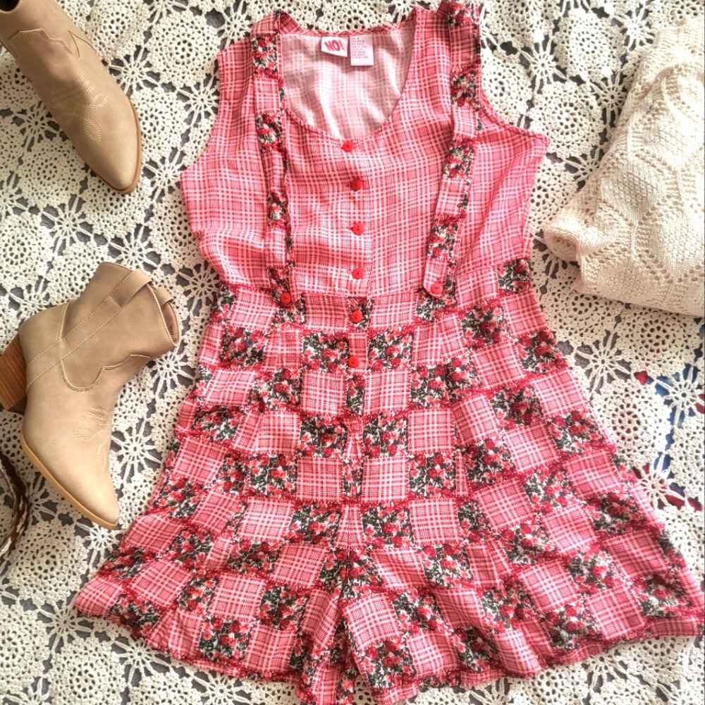 Vintage 80's/90's Red Plaid and Floral Dress/ Romper